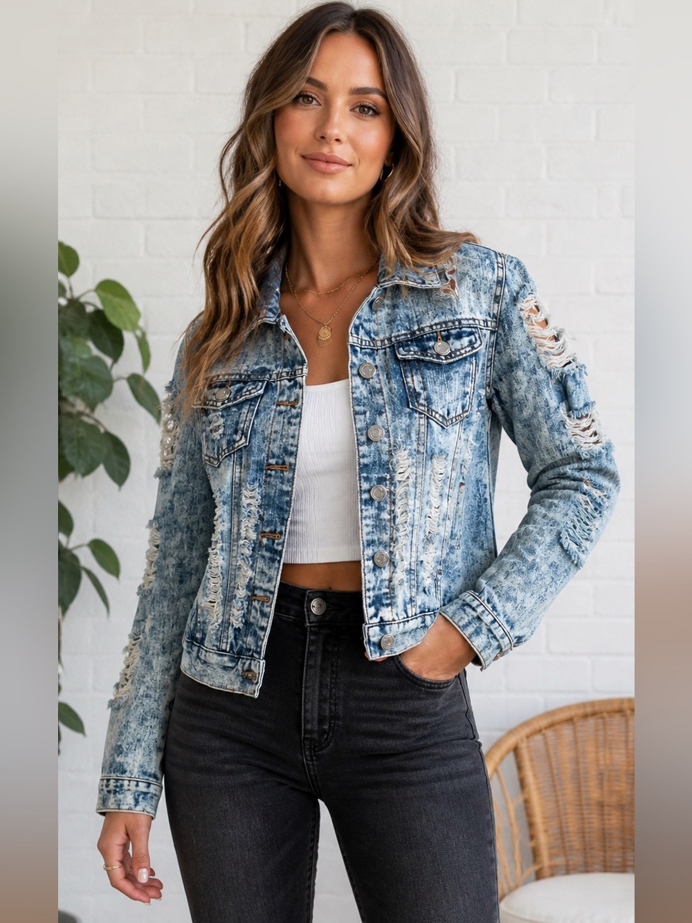Thrill Distressed Denim Jacket Women’s Large Acid Wash Ripped Grunge Y2K Moto